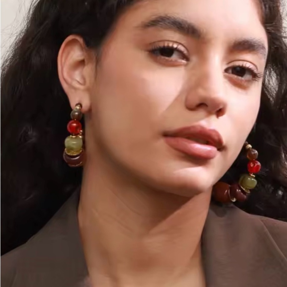 Multicolor Bead Hoop Earrings - Green, Red, Amber